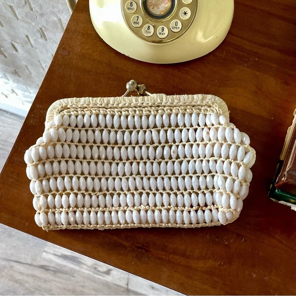 Vintage Mid-Century Marcus Brothers Italian Beaded + Woven Boho Clutch Handbag - Picture 1 of 15